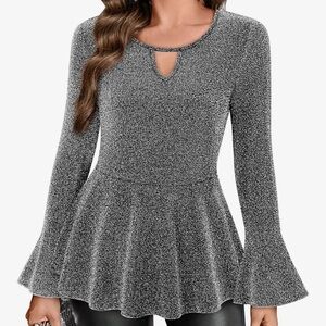 Youtalia Black Silver Metallic Long Bell Sleeve Keyhole Peplum Top Size XXL NWOT